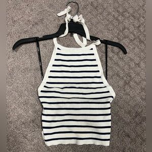 Light knit tie halter top with stripes